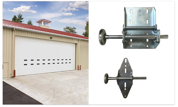 Split visual of a 40 foot wide garage door on the left, and heavy duty hardware on the right